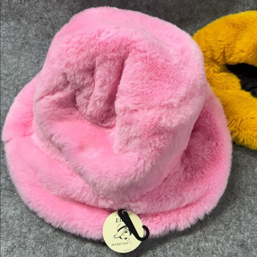 Ellas mustard yellow or bubble gum pink  faux fir look lined warm bucket hat